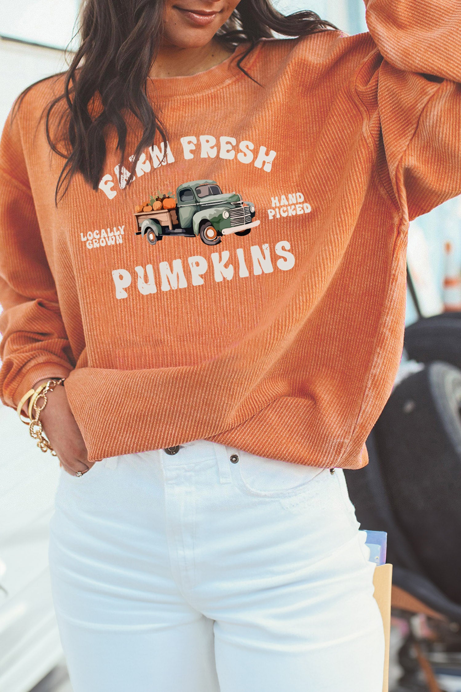 Orange Corded Ribbed Farm Fresh Pumpkins Graphic Pullover Sweatshirt
