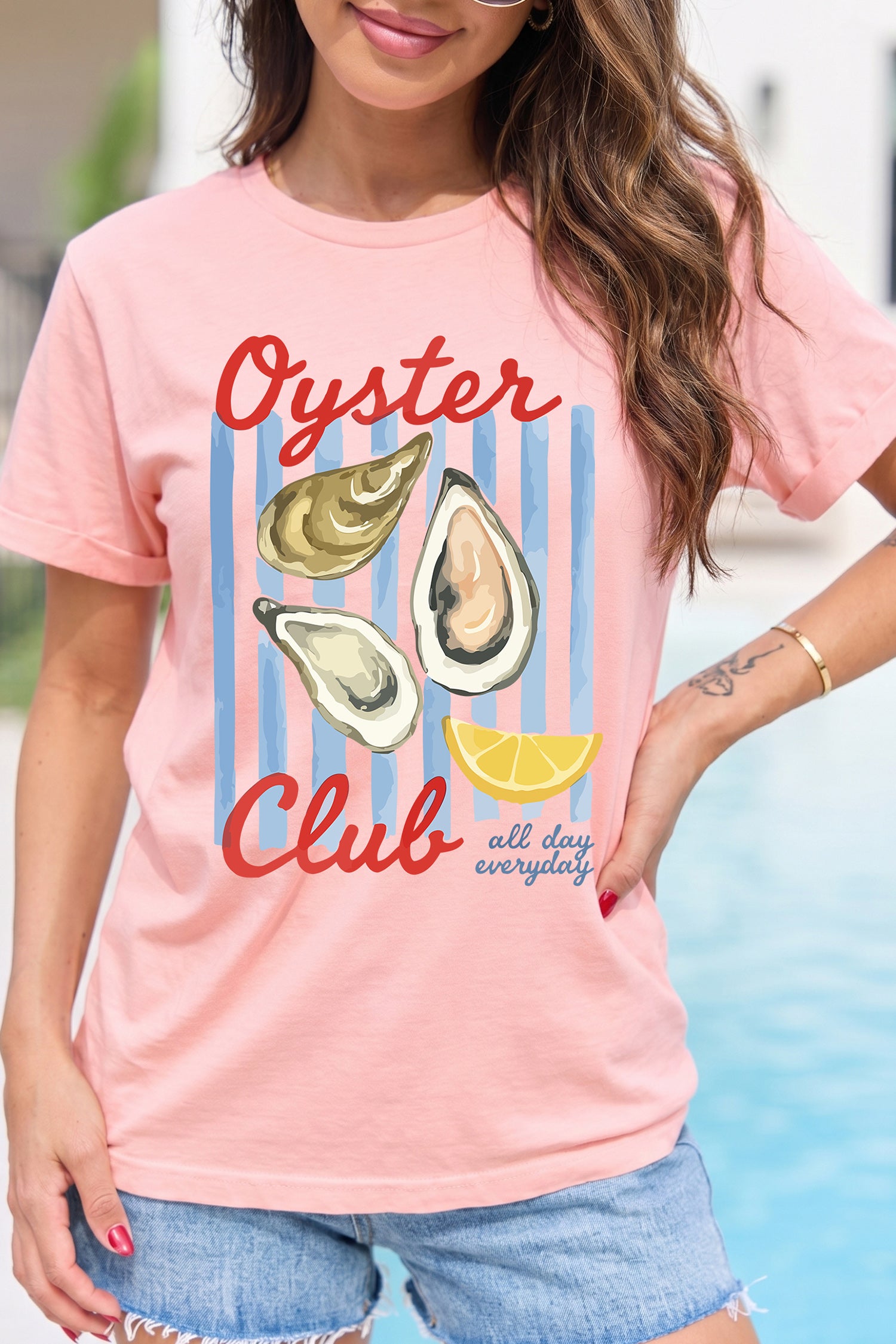 Pink Oyster Club Striped Print Casual Tee