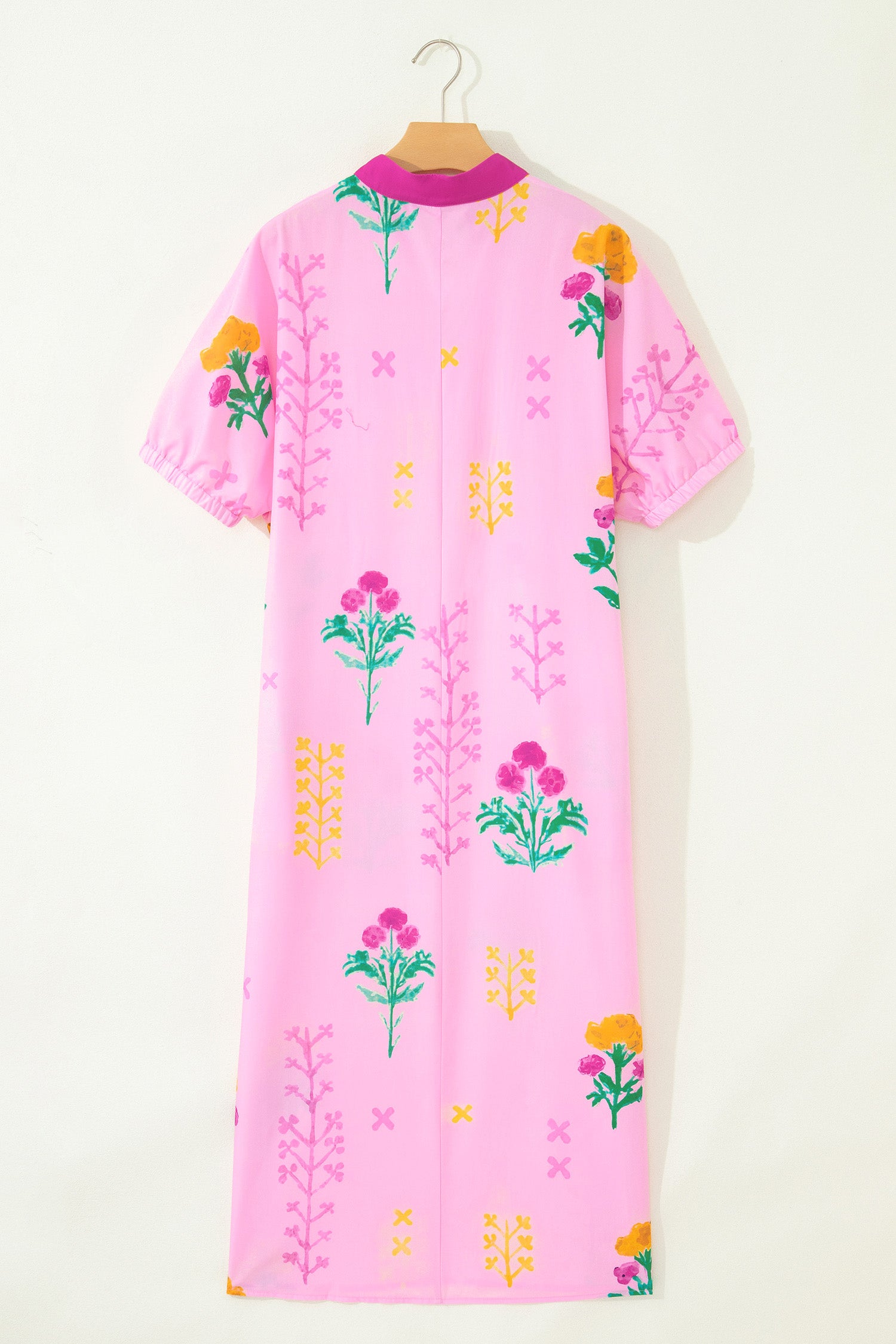 Pink Floral Print Short Sleeve Colorblcok Trim V Neck Midi Dress