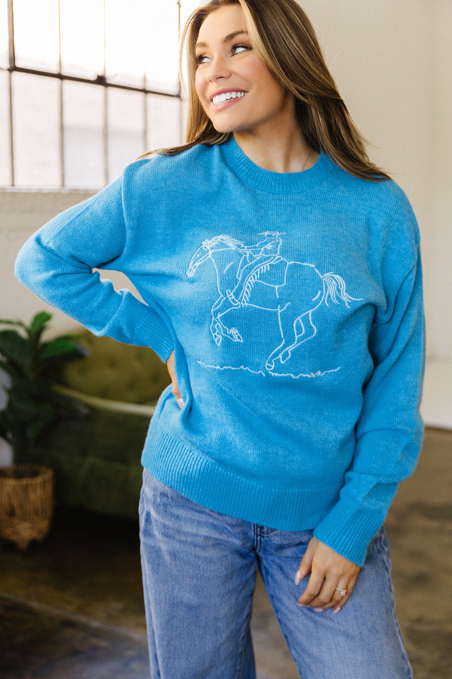 Sky Blue Western Embroidery Drop Shoulder Pullover Sweater