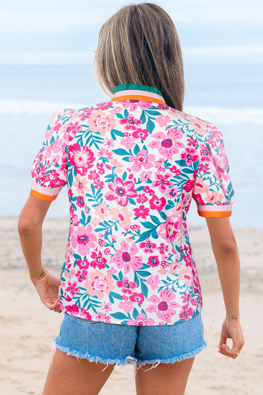Pink Floral Print Contrast Striped Detail Short Sleeve Blouse