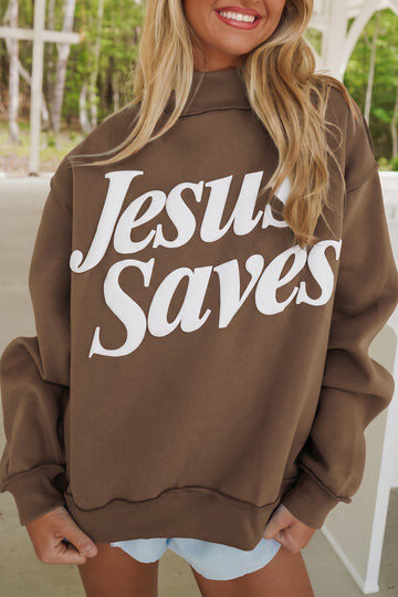 Dark Brown Jesus Saves Slogan Print Stand Neck Baggy Sweatshirt