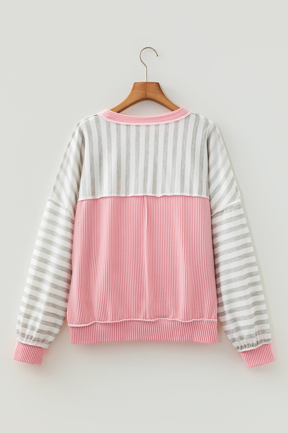 Pink Twisted Rib Trim Striped Round Neck Long Sleeve Top