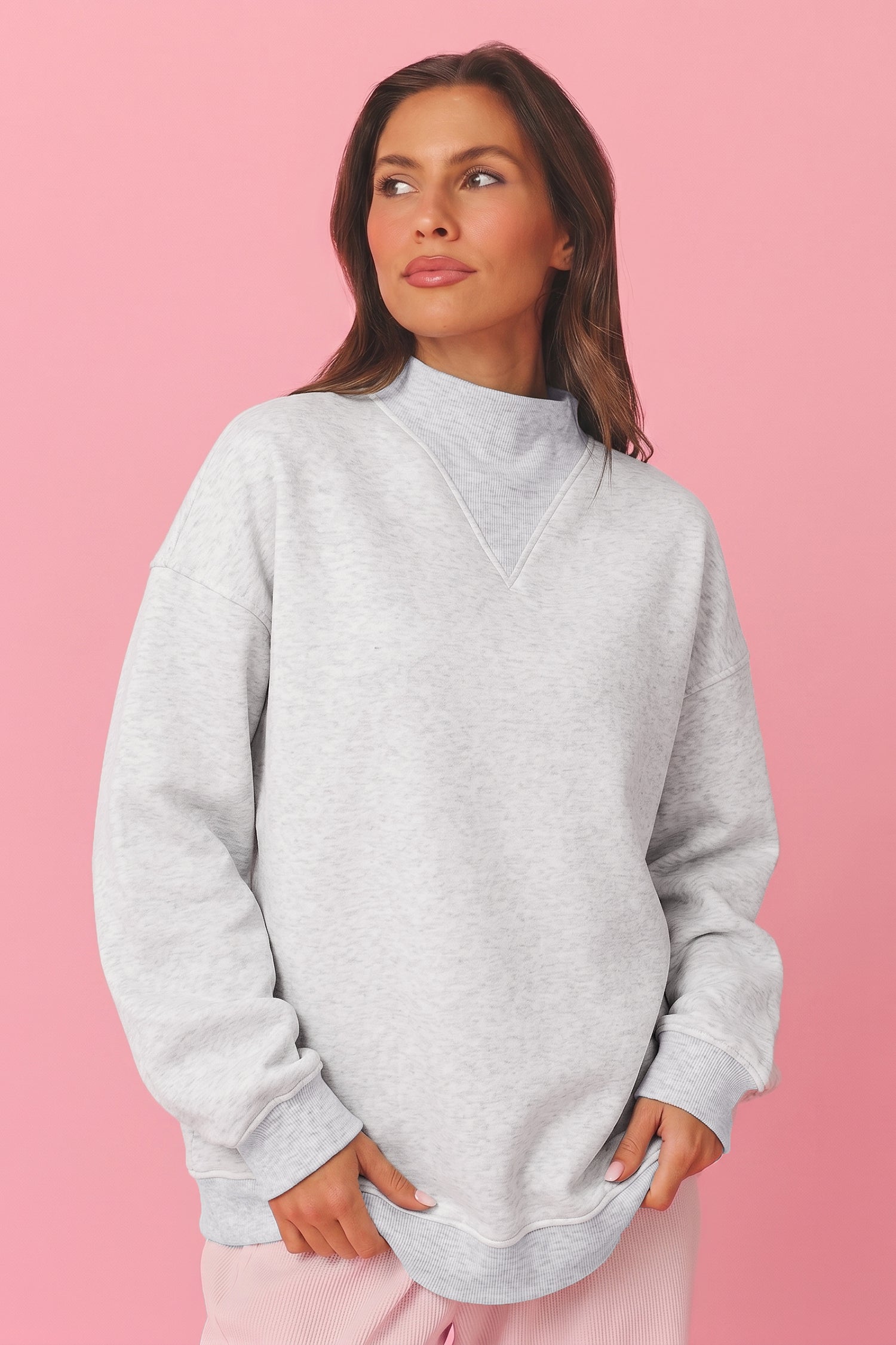 Light Grey High Neck Ribbed Cuff Hem Sweatshirt