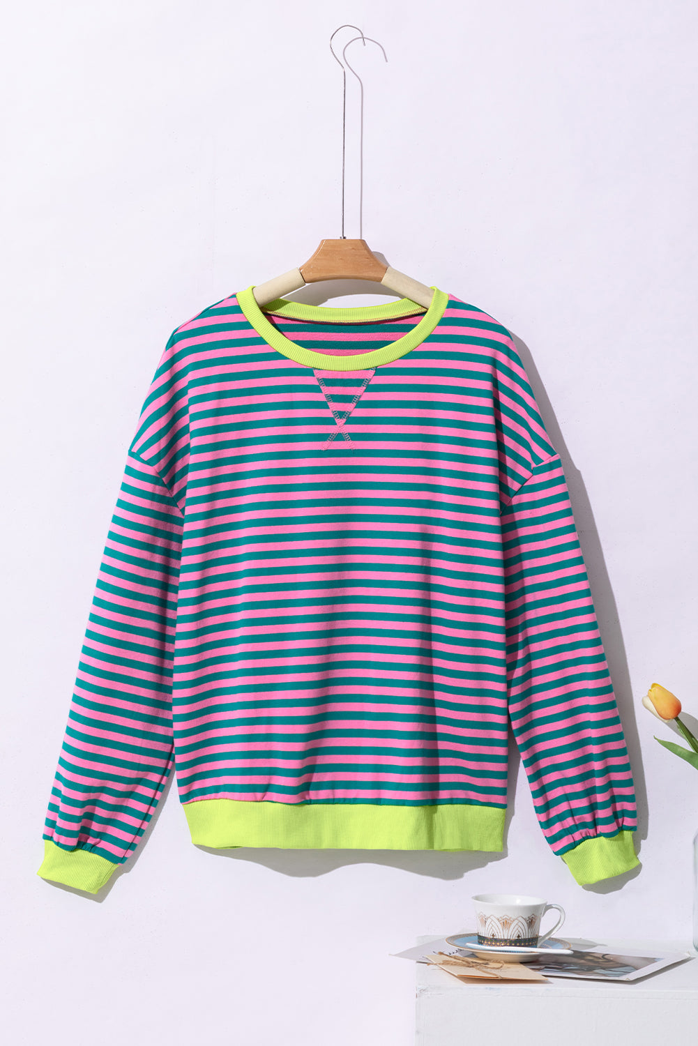 Green Stripe Oversized Contrast Trim Pullover Sweatshirt