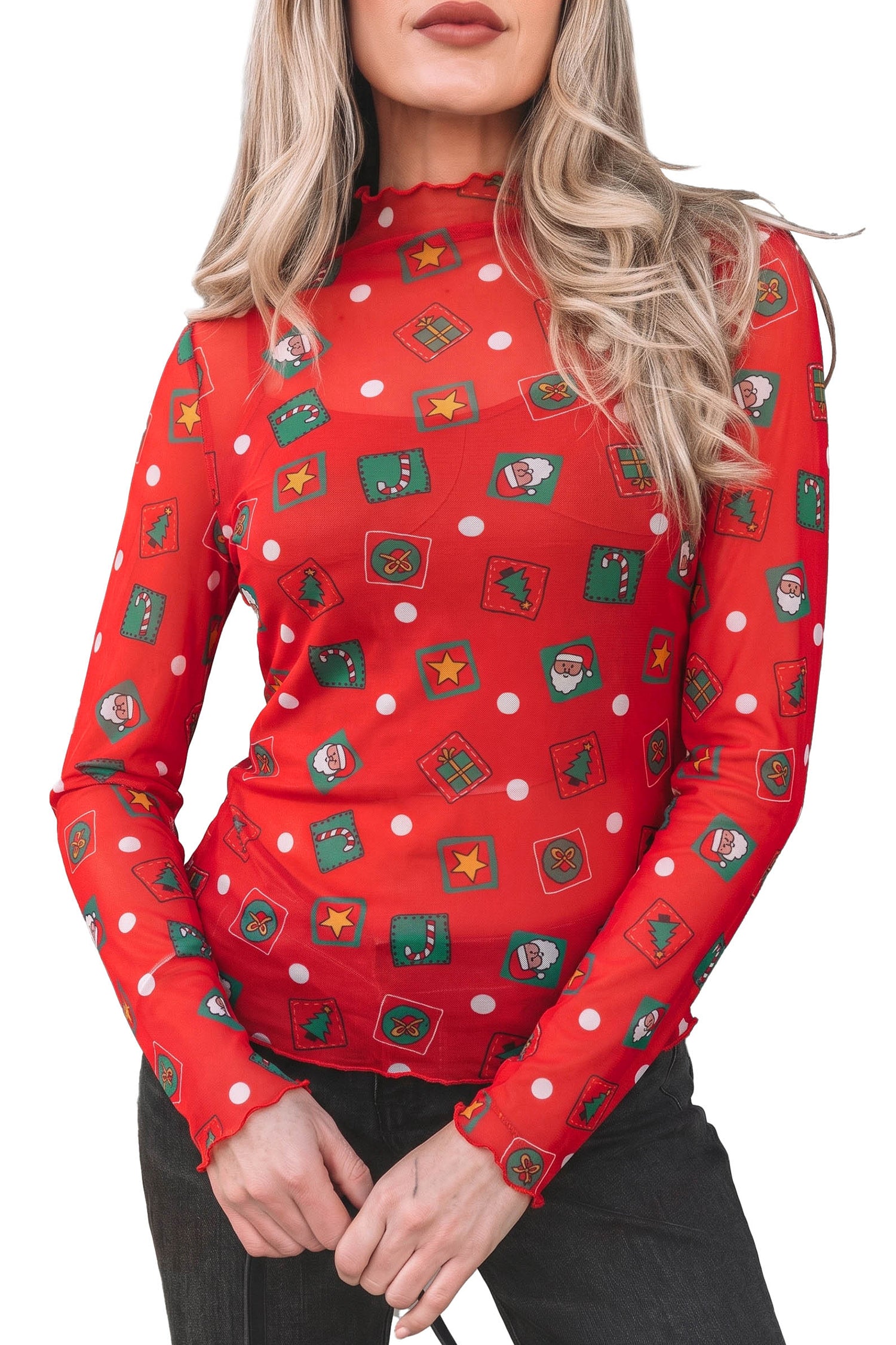 Fiery Red Christmas Elements Printed Long Sleeve Sheer Mesh Top