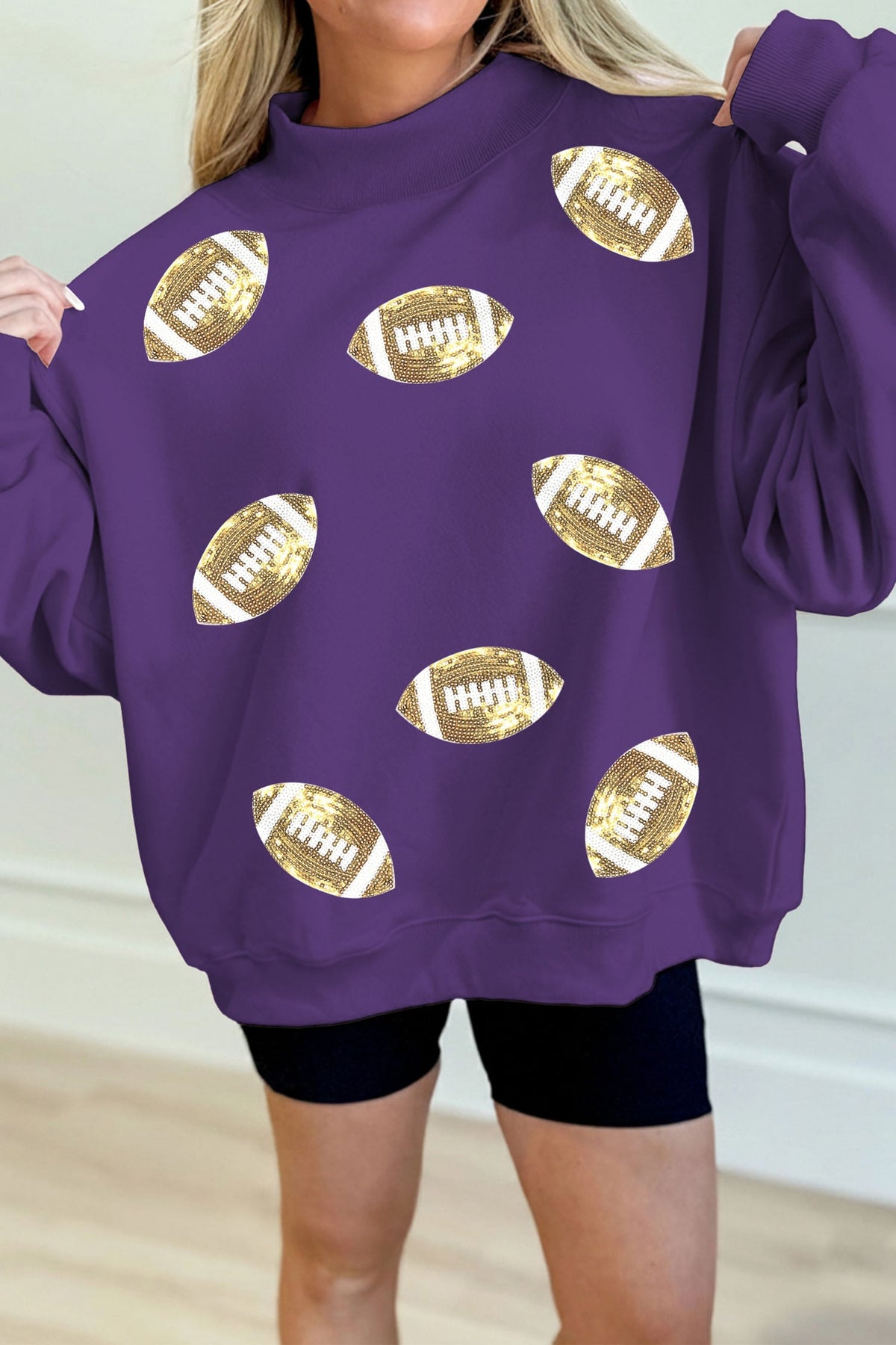 Tillandsia Purple Game Day Sequin Rugby Pattern Mock Neck Baggy Sweatshirt