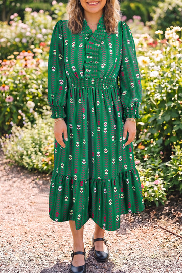 Green Floral Print V Neck Long Sleeve Shift Plus Size Dress