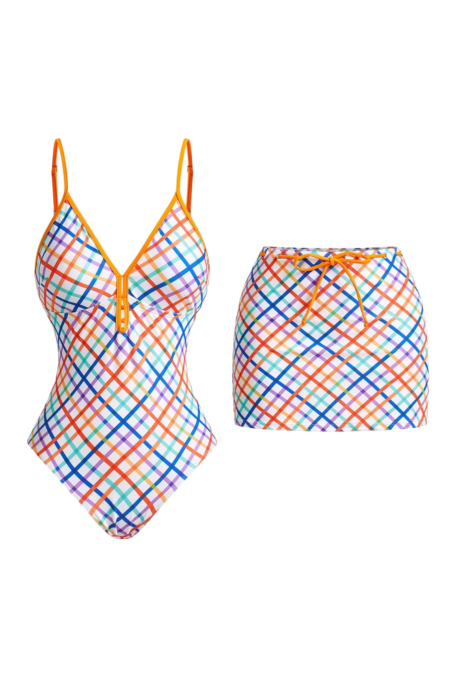 Yellow Plaid Spaghetti Straps Lace Up Pool Party Swim Set