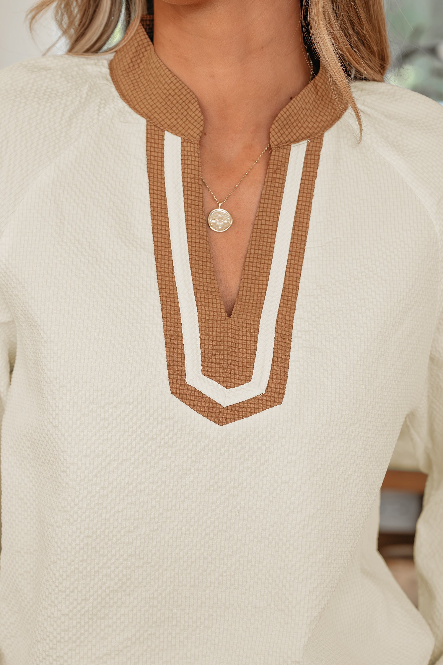 Jet Stream Color Block Patchwork Detail V Neck Textured Long Sleeve Blouse