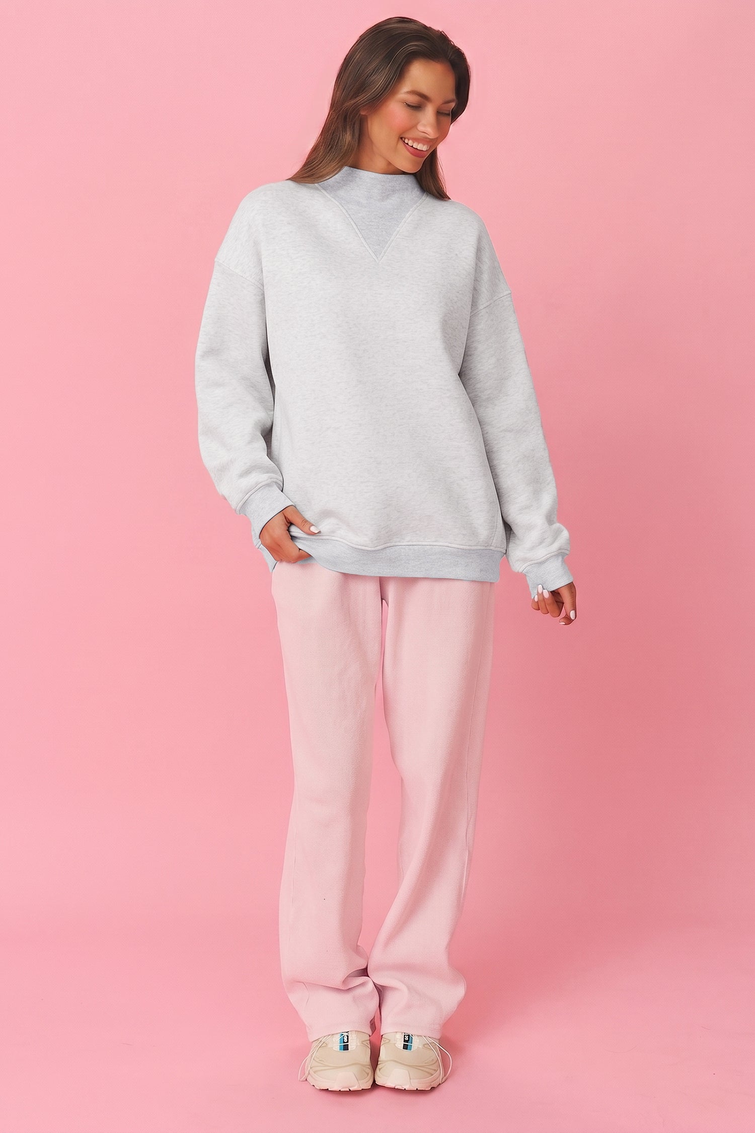 Light Grey High Neck Ribbed Cuff Hem Sweatshirt