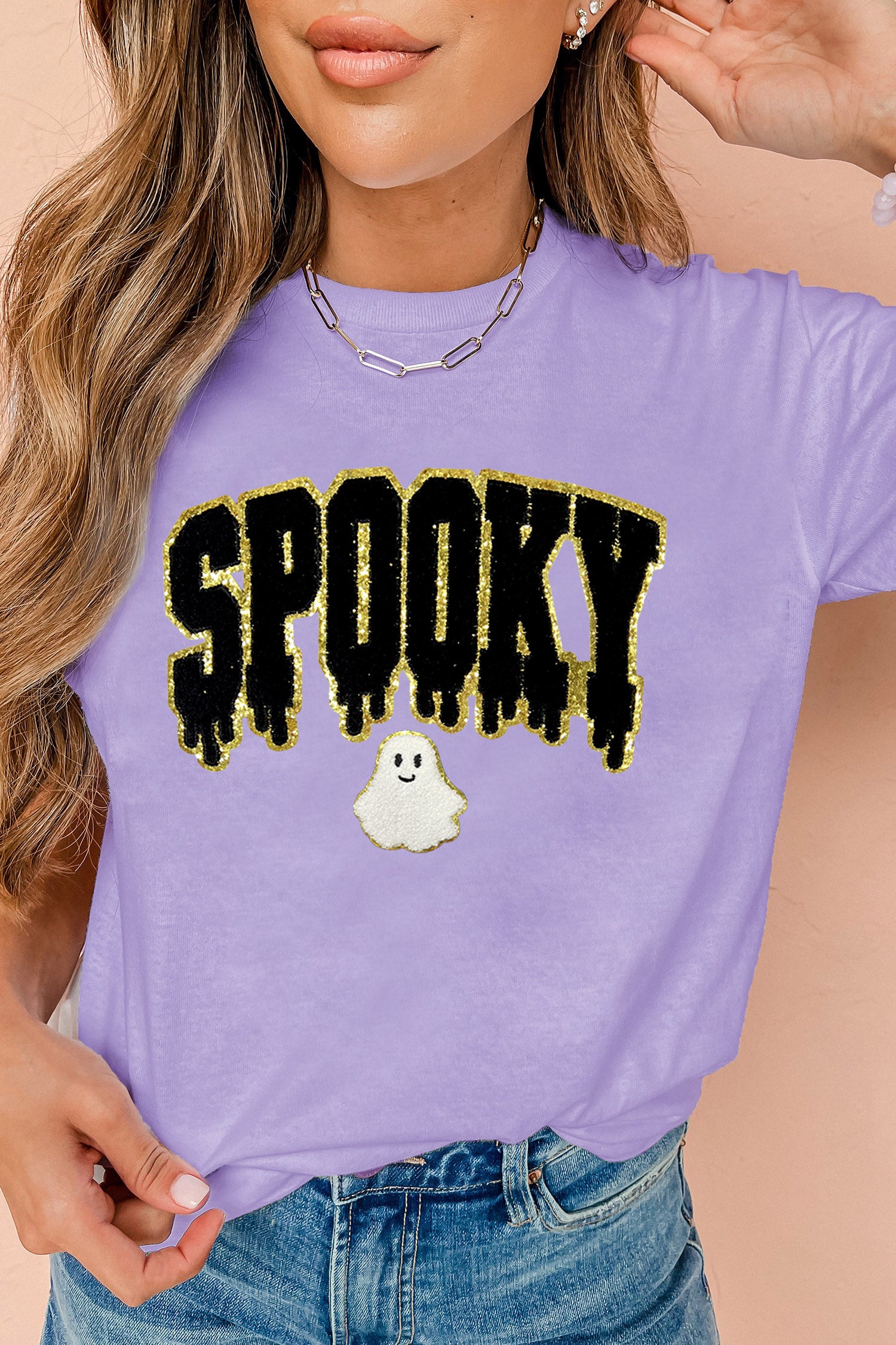 Wisteria Short Sleeve Round Neck Spooky Ghost Letter Print Casual T-Shirt