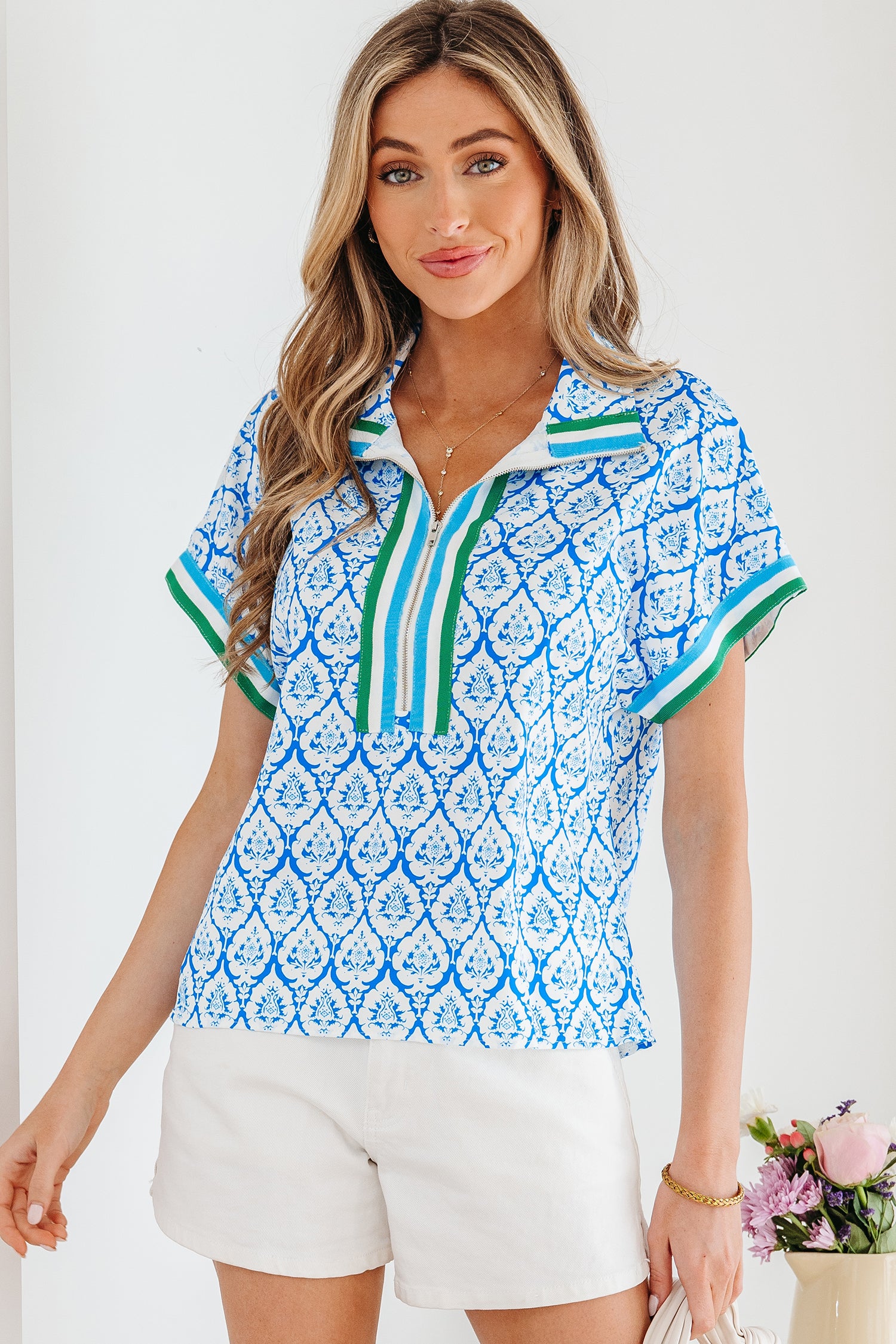 Sky Blue Western Print Zipped Collar Short Sleeve Summer Blouse Top