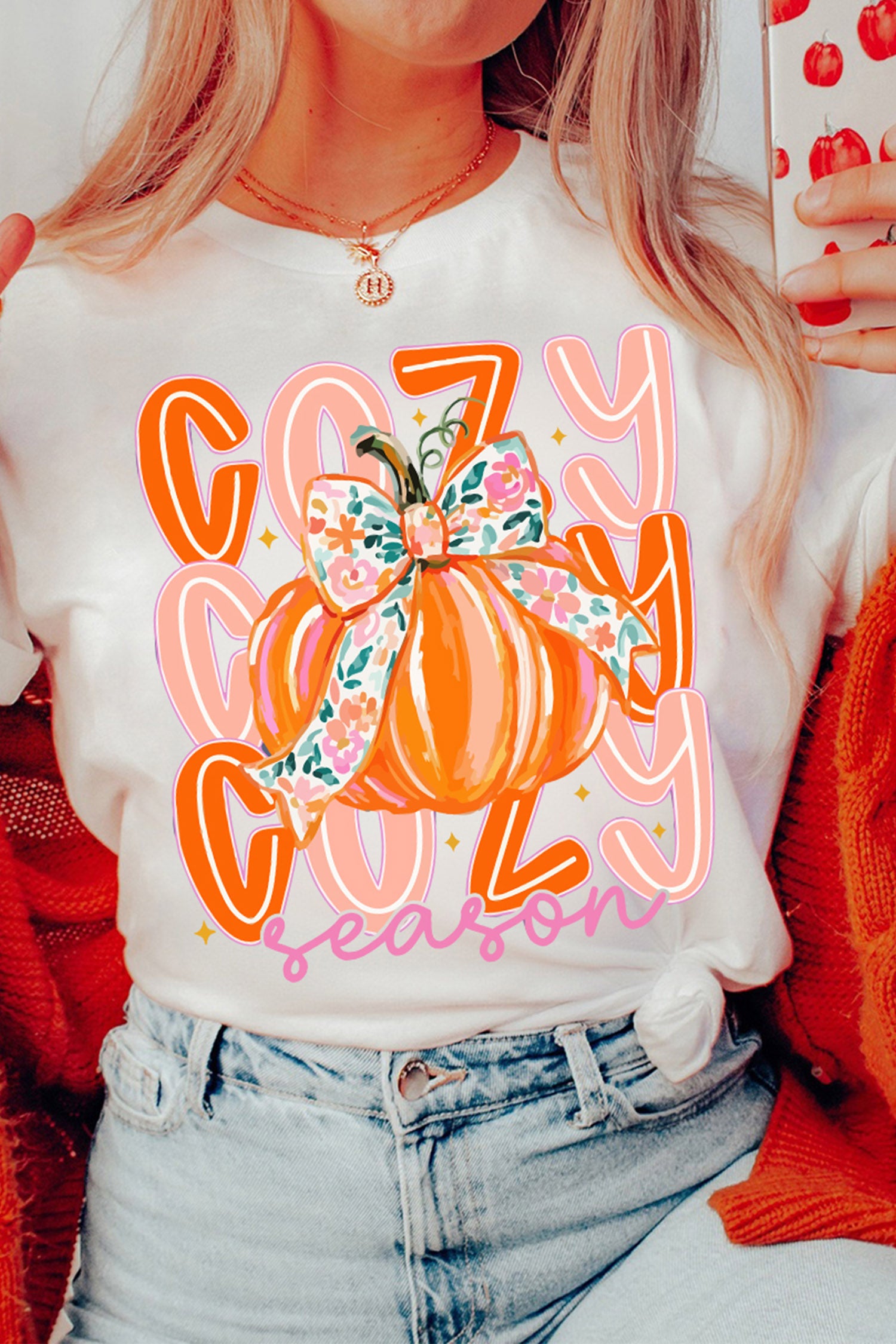 White Cozy Season Pumpkin Graphic Round Neck T-Shirt