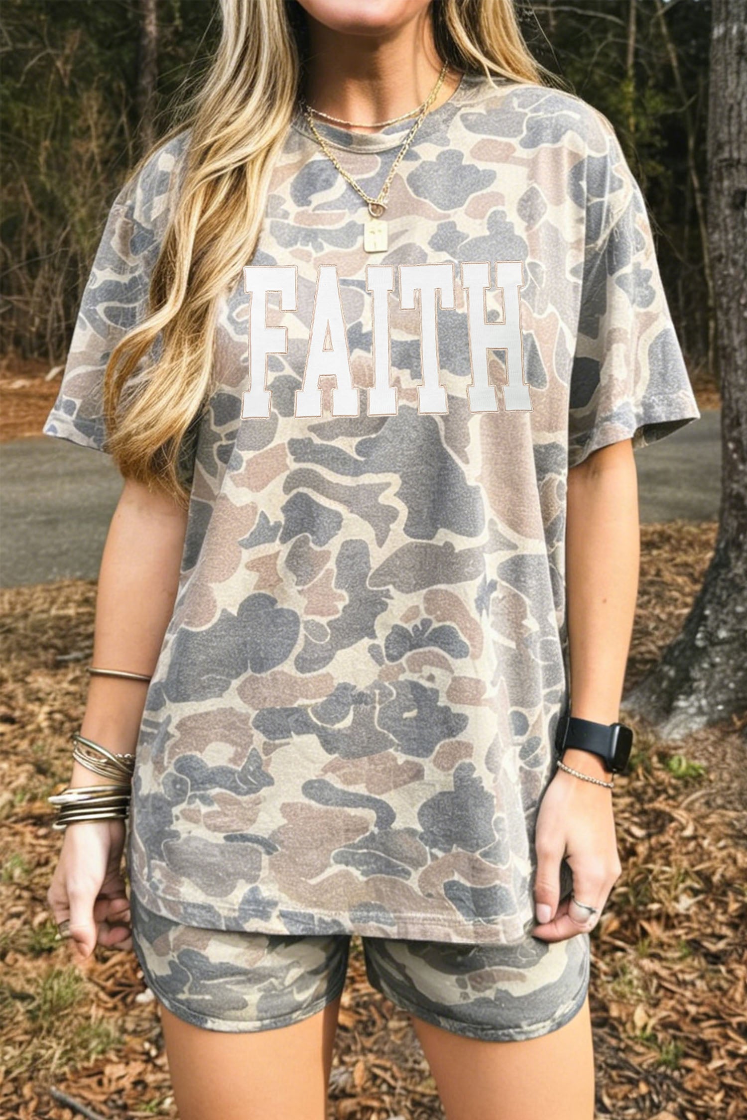 Multicolour FAITH Letter Print Relaxed Tee Camouflage 2pcs Short Set