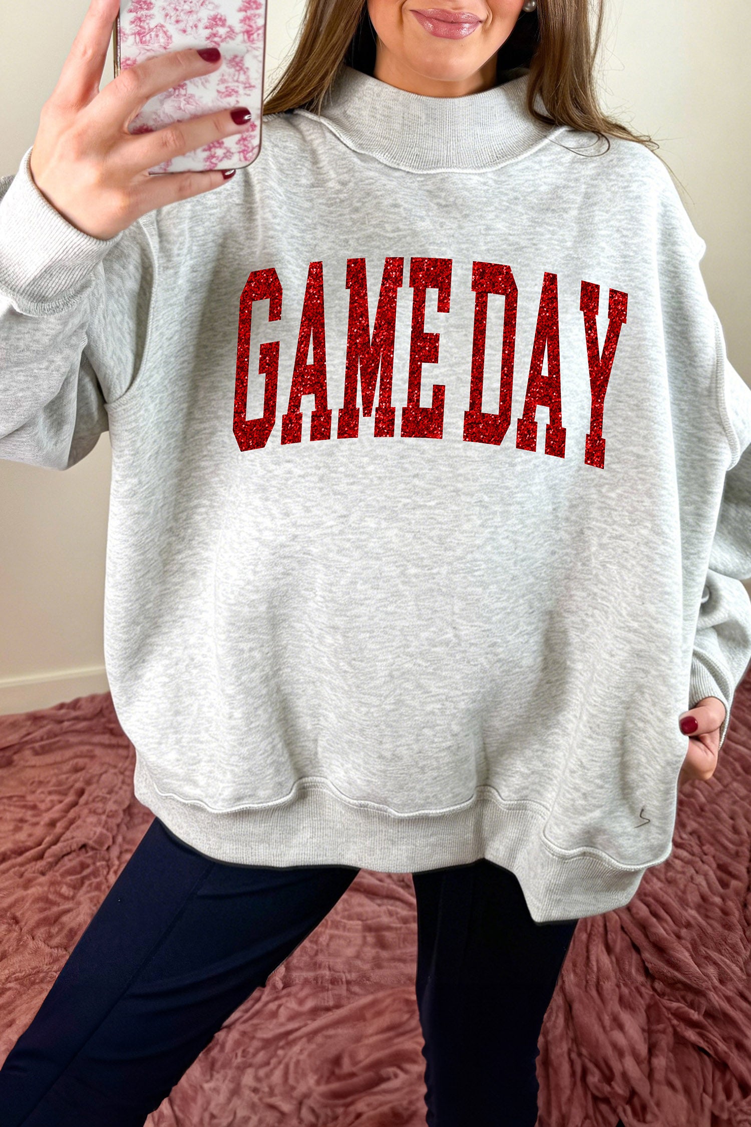 Light Grey Glitter Letter Game Day Mock Neck Casual Graphic Sweatshirt