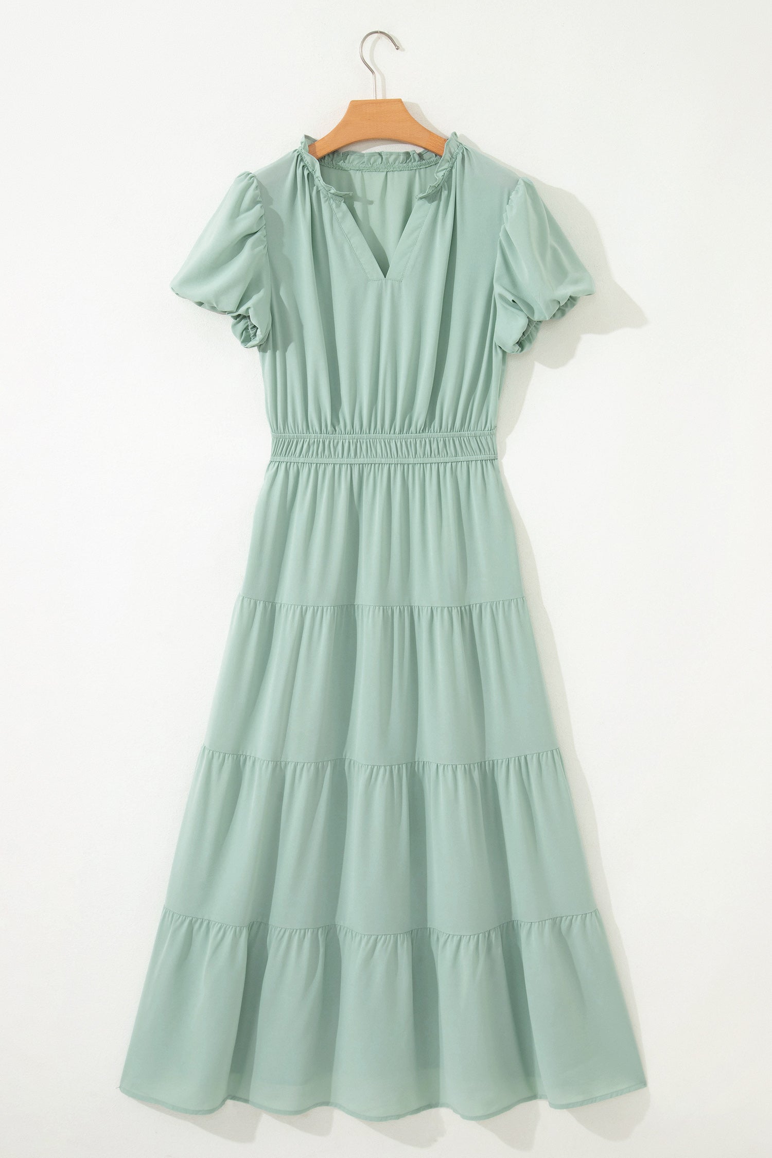 Clearly Aqua Solid Color V Neck Short Puff Sleeve High Waist Tiered Maxi Dress