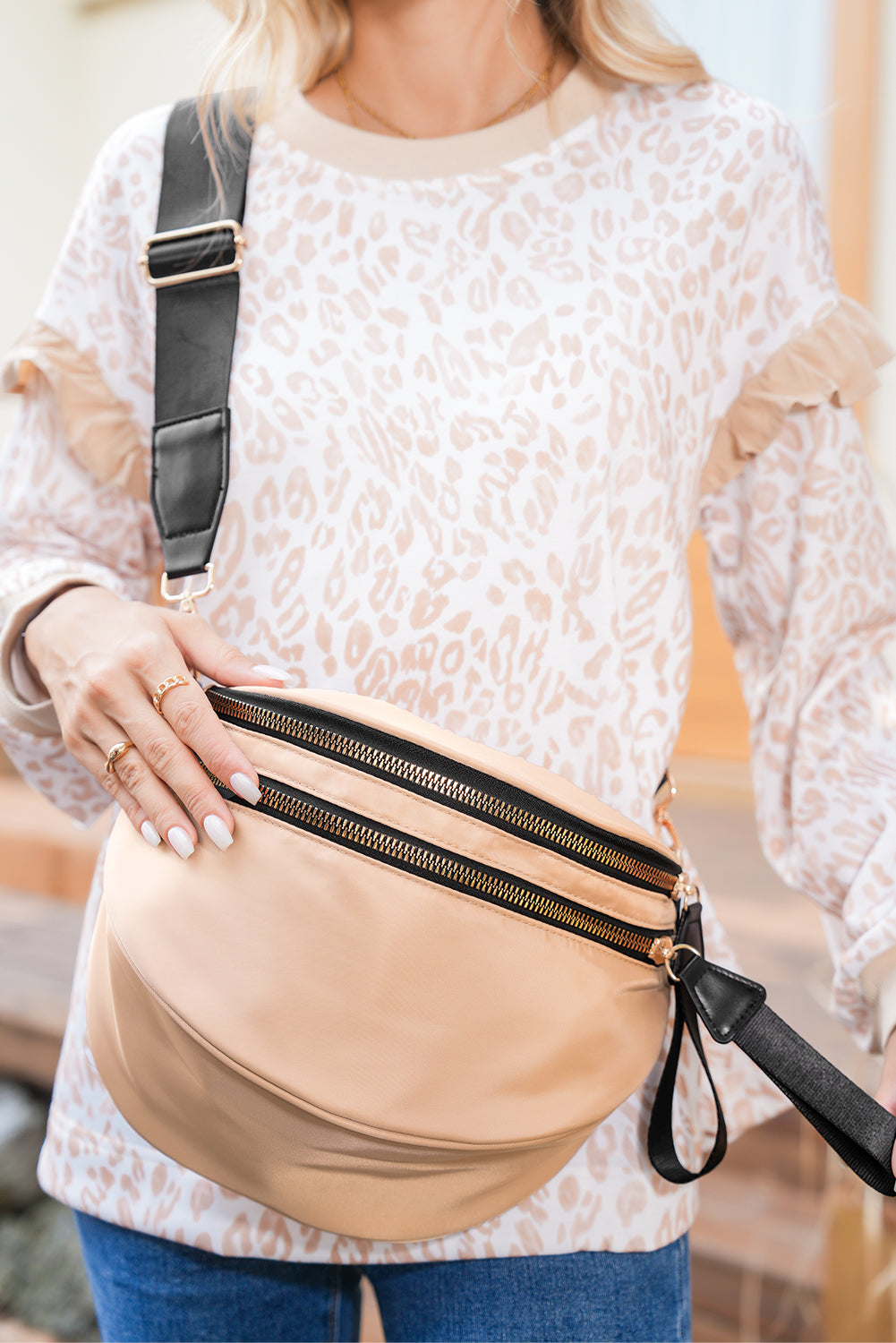 Parchment Double Zip Crescent Shape Adjustable Sling Bag