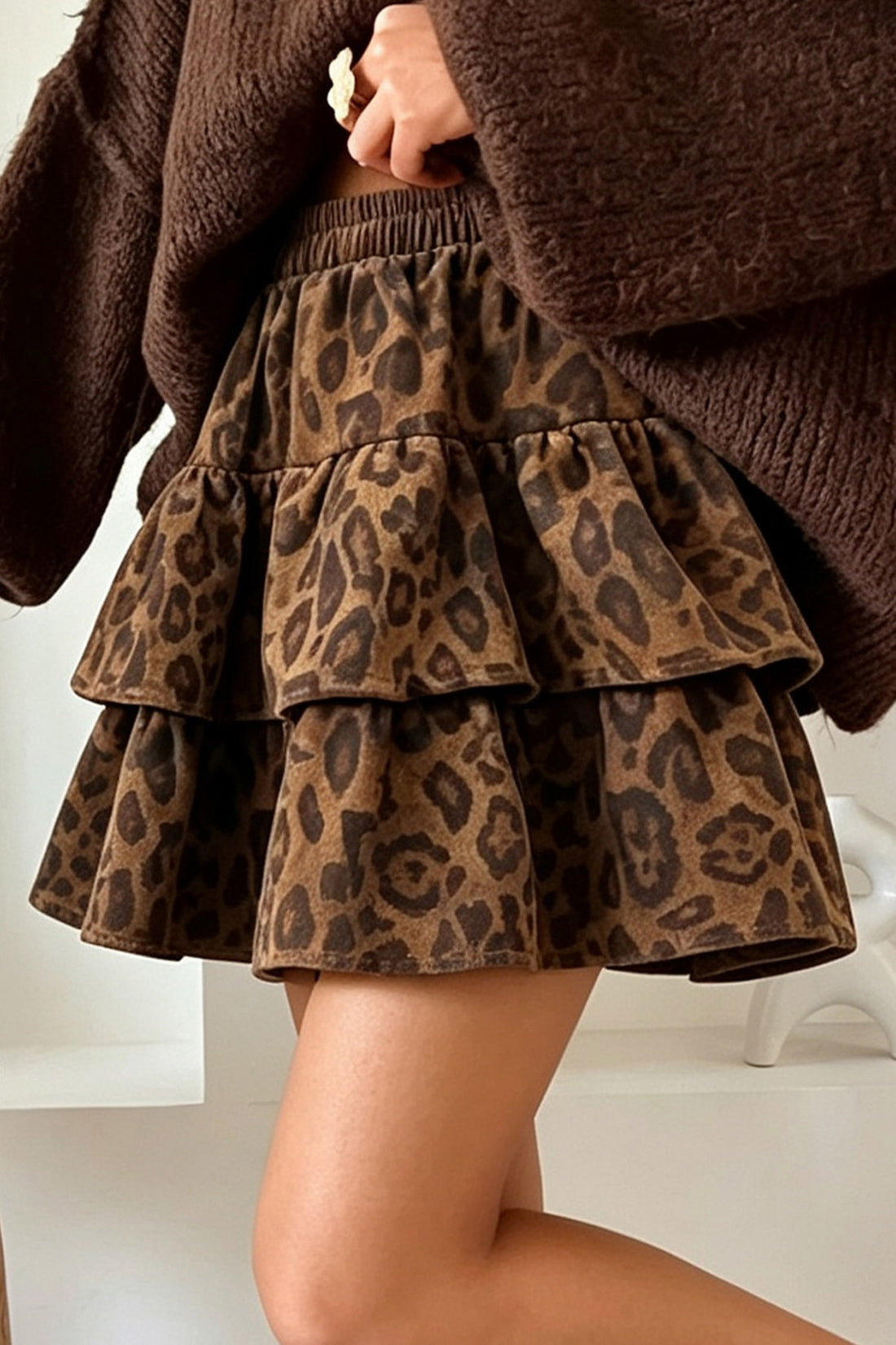 Brown Leopard Print Tiered Elastic Waist Mini Skirt