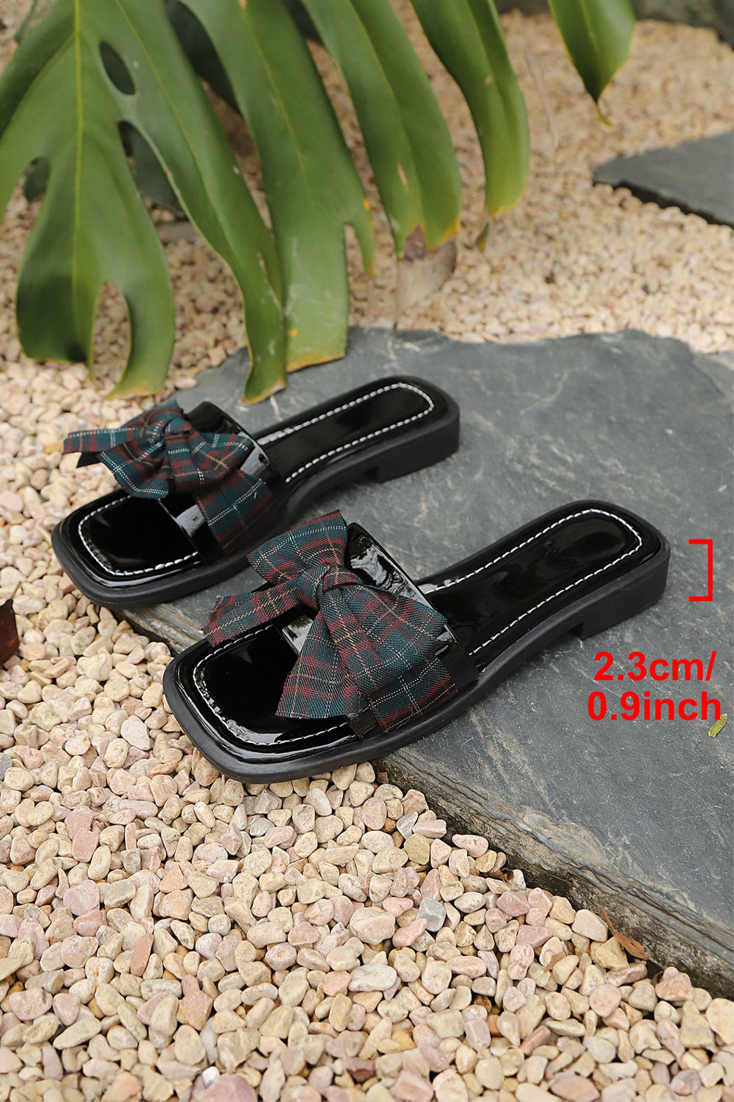 Color black Bowknot Plaid Slip-on Flat Sandals with Rubber Sole