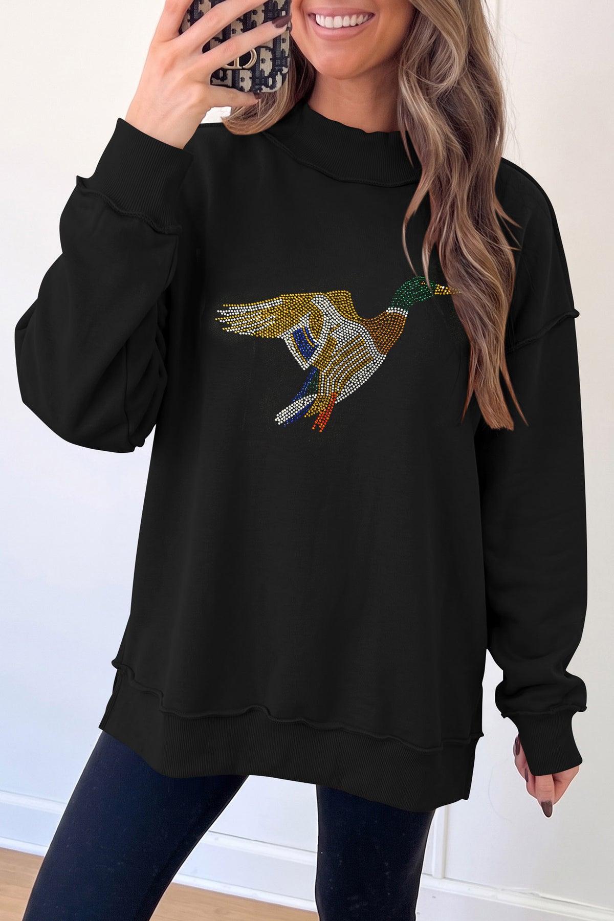 Black Rhinestone Flying Mallard Graphic Mock Neck Tunic Sweatshirt