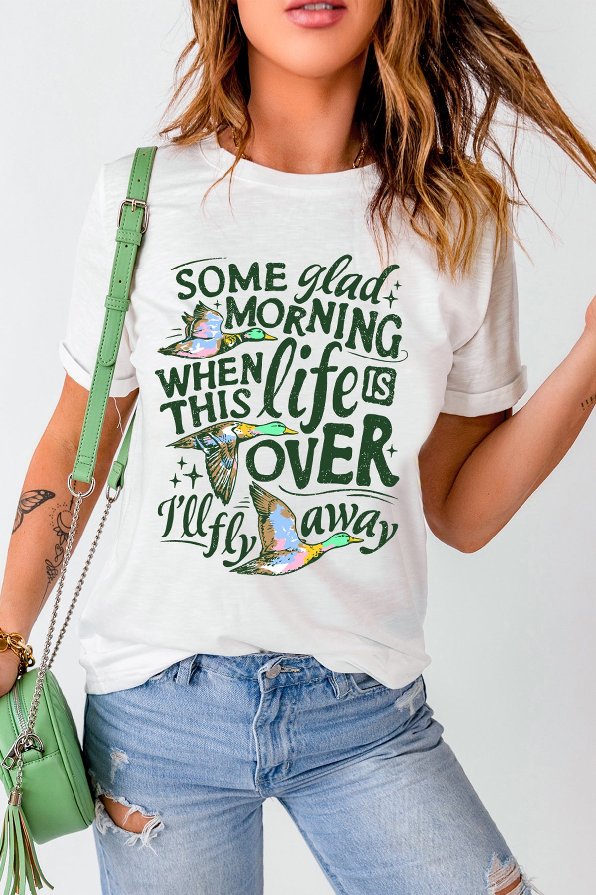 White Life Slogan Western Flying Mallard Print Relaxed T Shirt