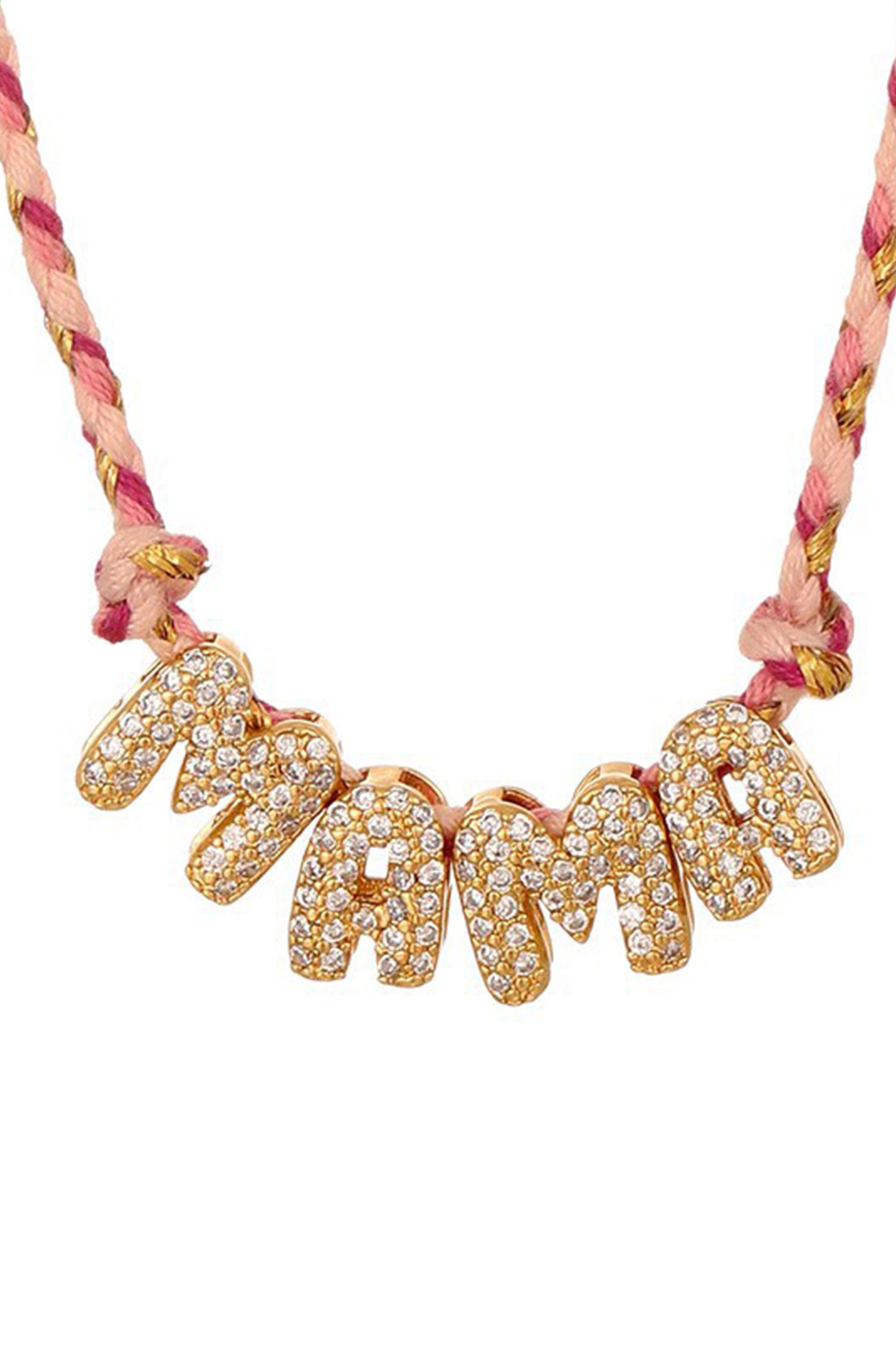 Pink Woven Cord Rhinestone MAMA Charm Necklace