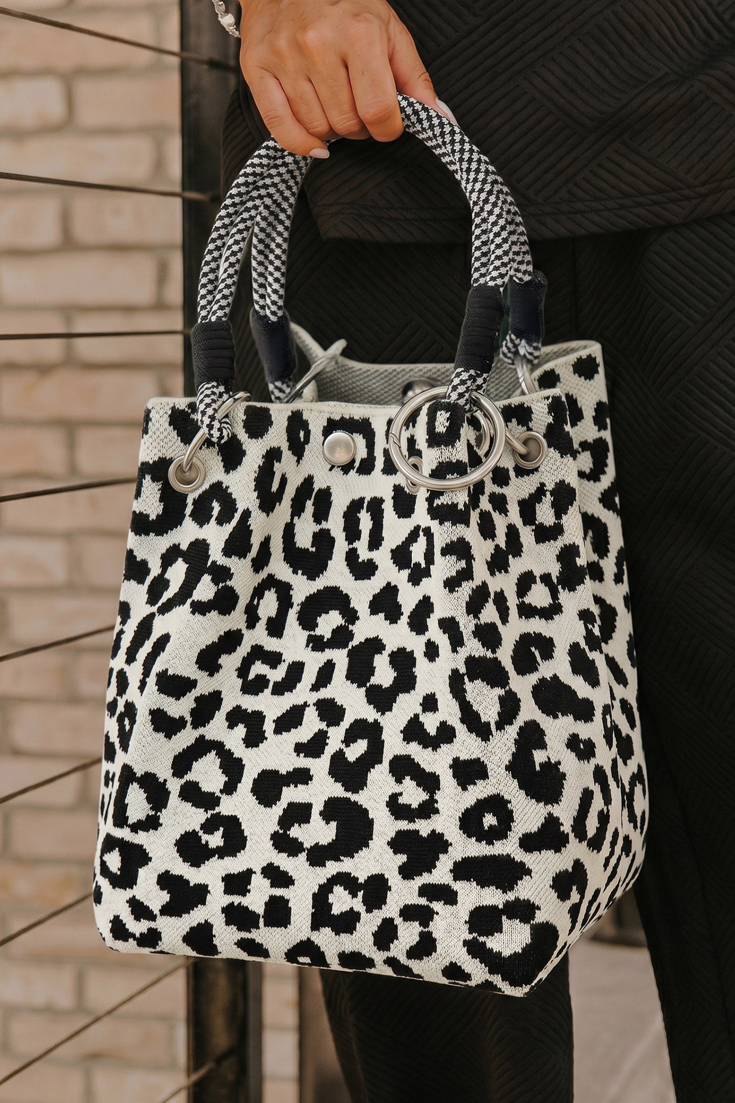 White Leopard Print Polyester Woven Thick Handle Tote Bag
