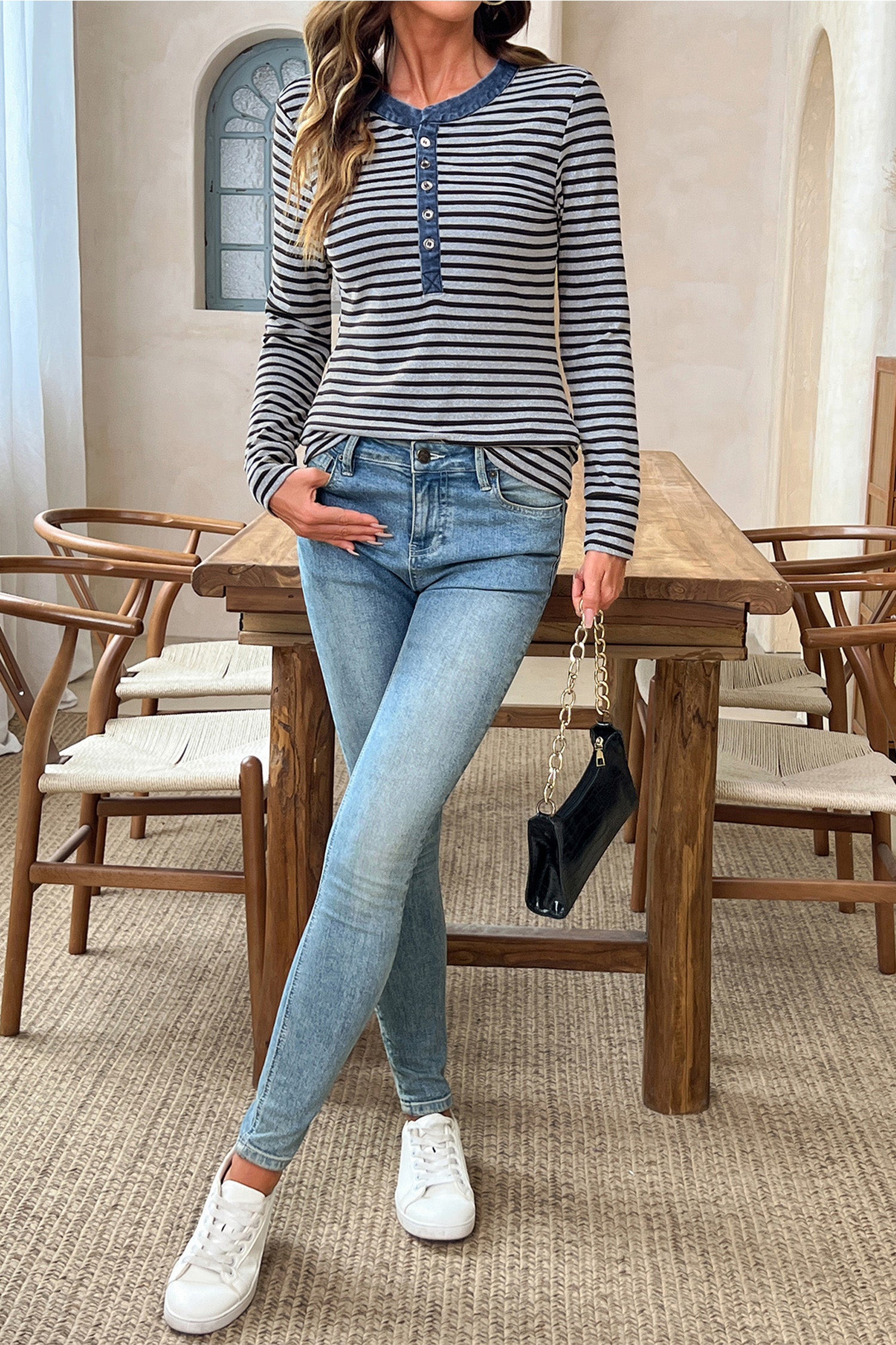 Gray Stripe Denim Contrast Collar Half Button Long Sleeve Top