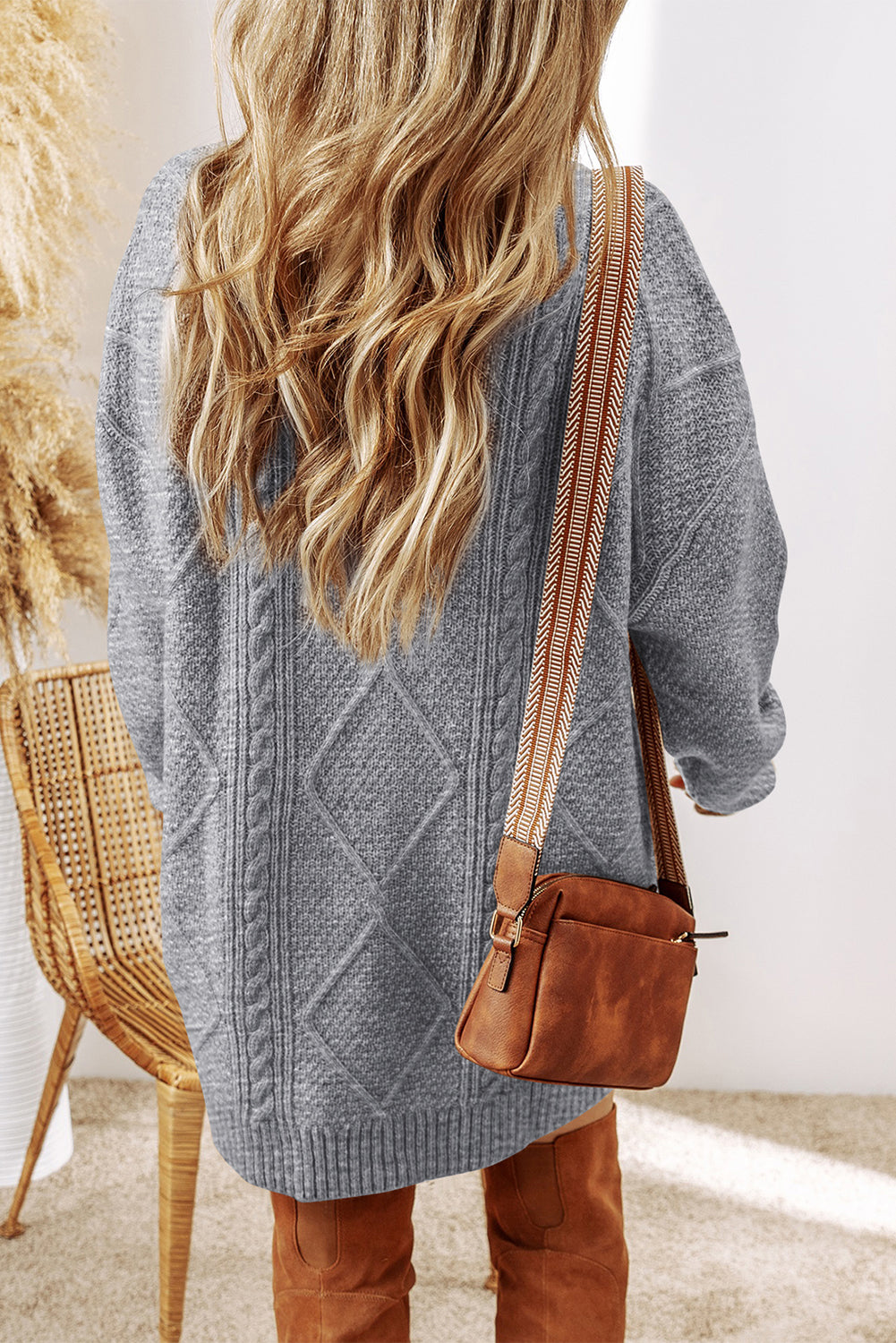 Gray Cable Knit Drop Shoulder Loose Fit Sweater Dress