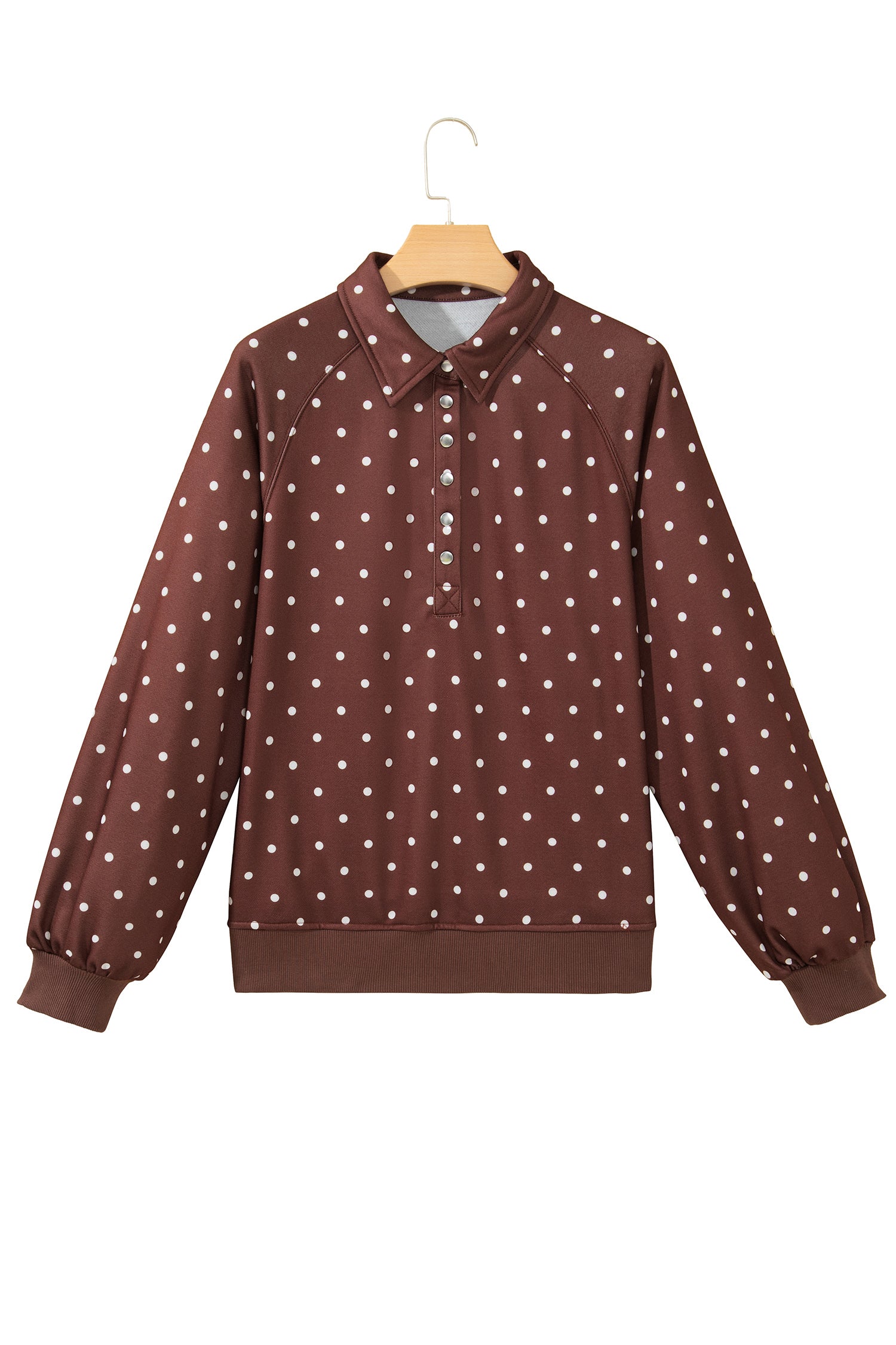 Brown Polka Dot Print Metal Button Collar Casual Pullover Sweatshirt