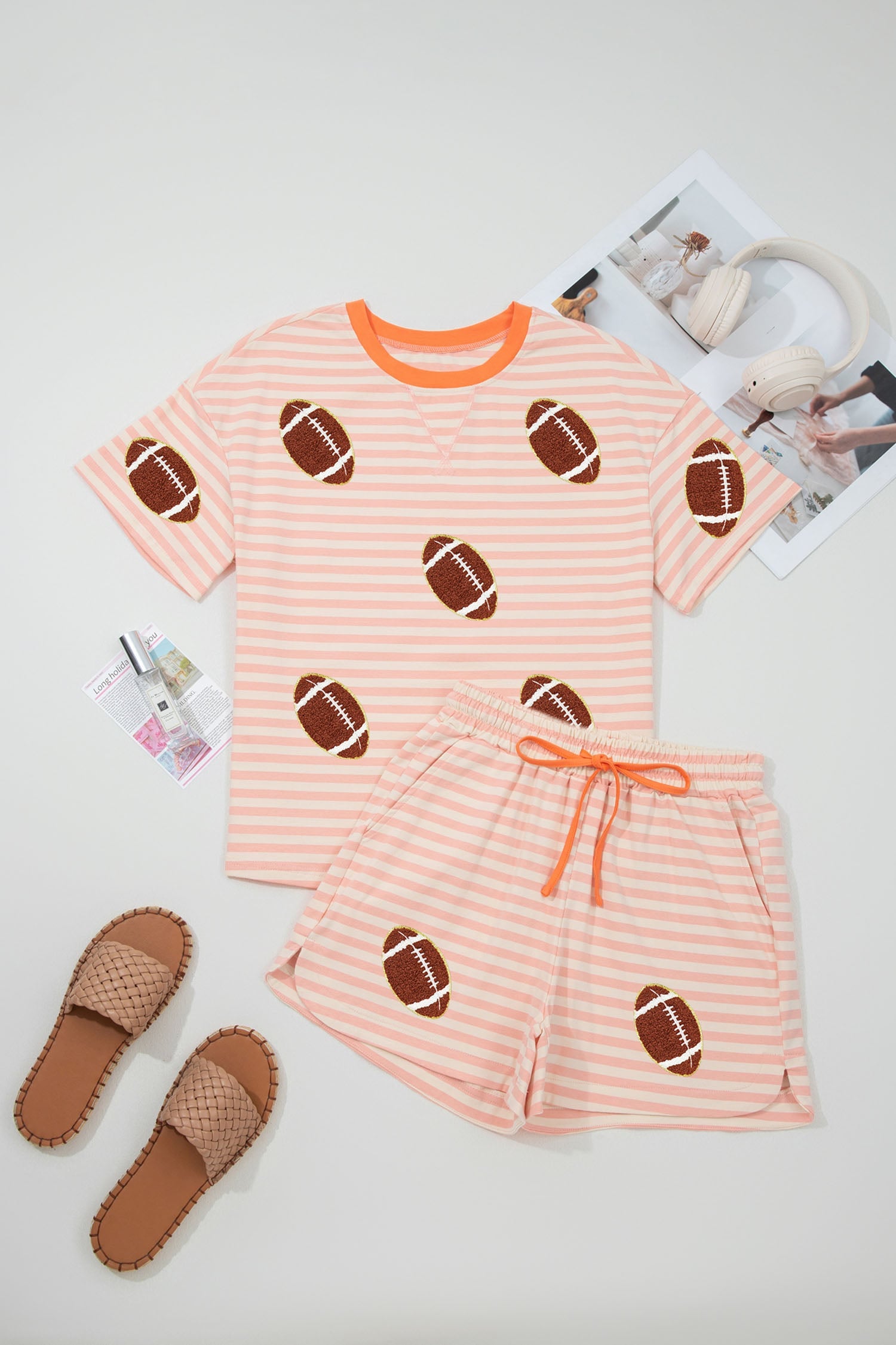 Casual Stripe Chenille Football Pattern Short Sleeve Two Piece Set