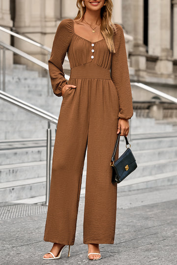 Chestnut Solid Color Long Sleeve Shirred Button Detail Straight Leg Jumpsuit