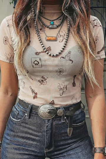 Oatmeal Western Printed Mesh Short Sleeve Top