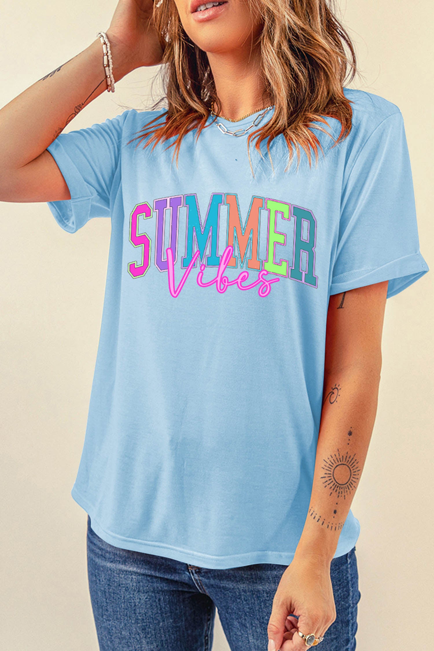 Light Blue SUMMER Vibes Letter Print Round Neck Casual T-Shirt