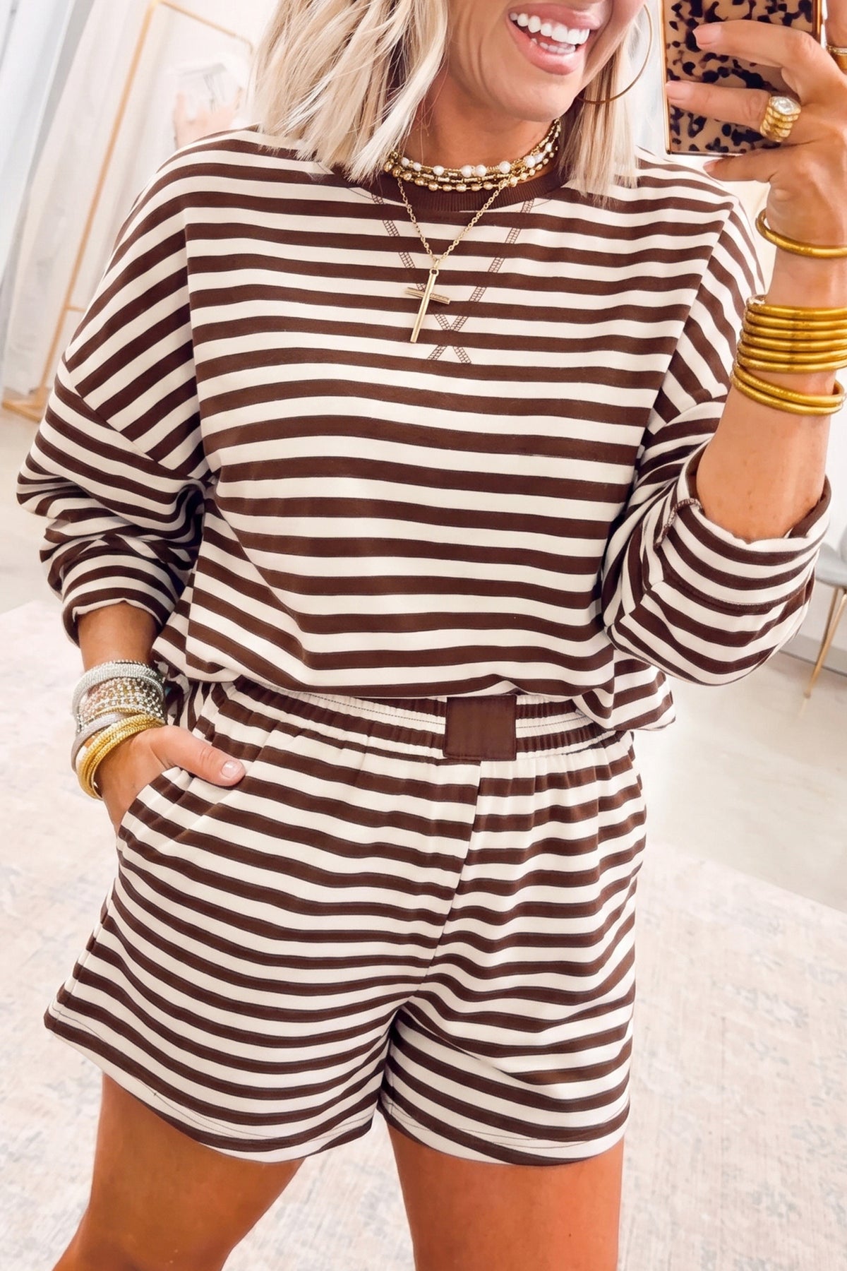 Coffee Drop Shoulder Long Sleeve Pullover Elastic Waist Casual Short Set