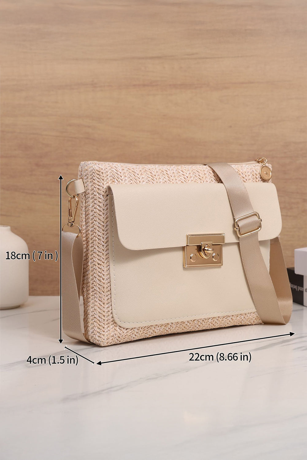 Beige Leather Pocket Patchwork Straw Woven Shoulder Bag