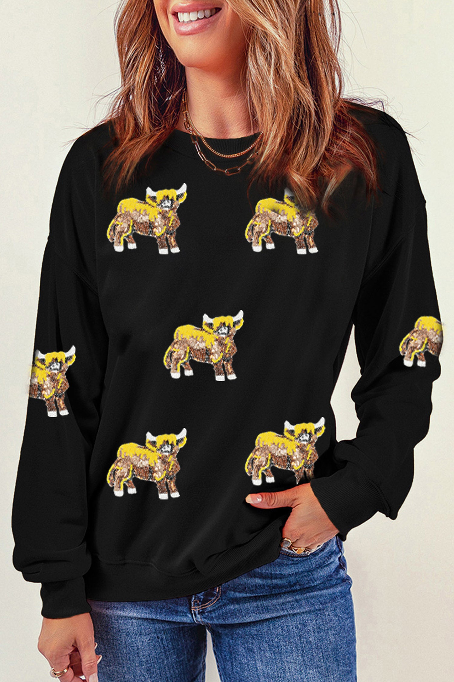 Black Sequined Western Print Long Sleeve Casual Pullover Sweatshirt