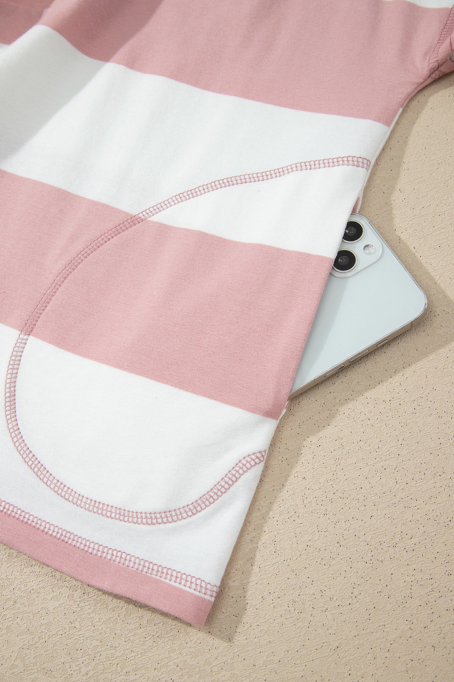 Pink Stripe Half Zip Bracelet Sleeve Top Casual Short Set