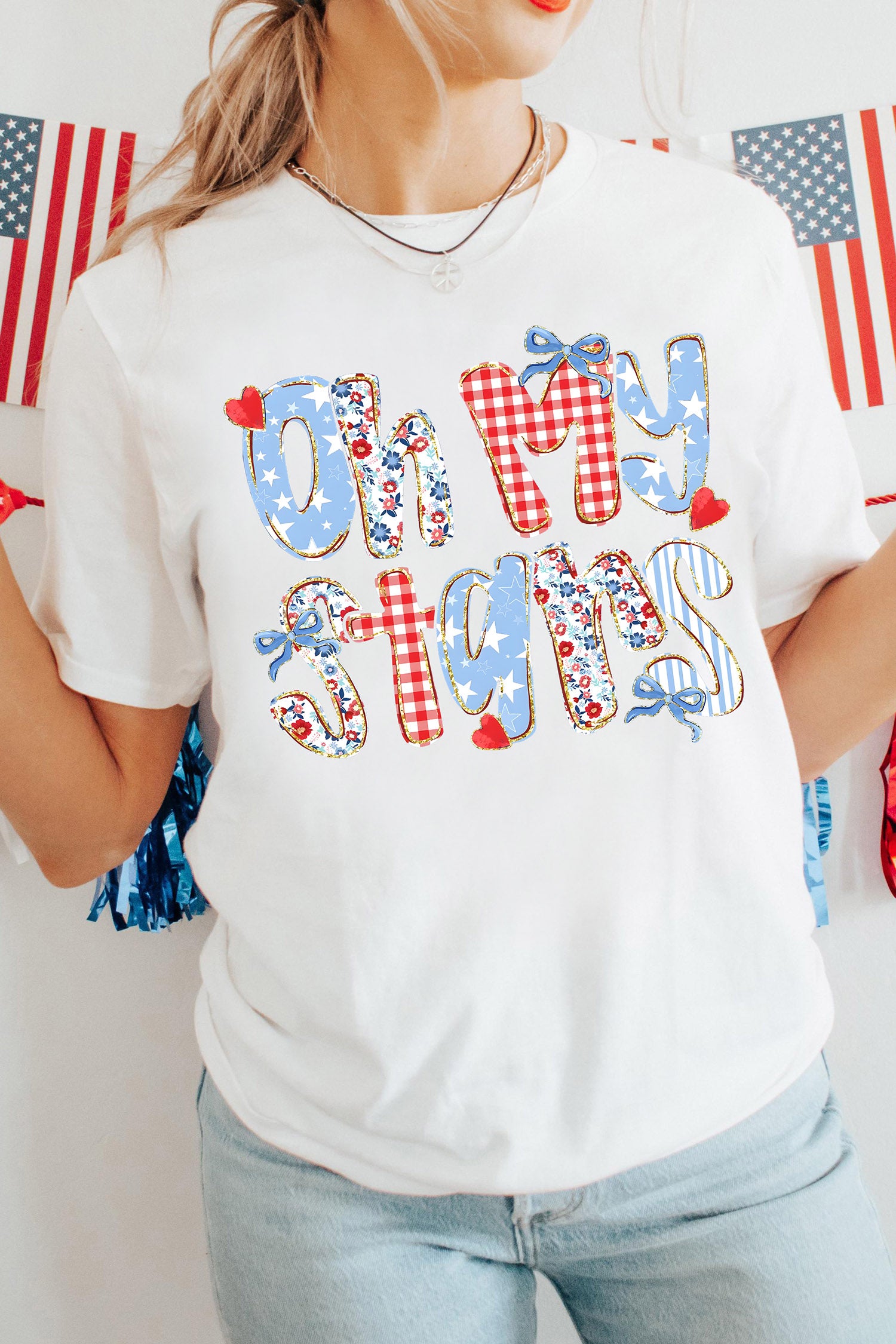 White Patriotic Oh My Stars Slogan Graphic T-Shirt