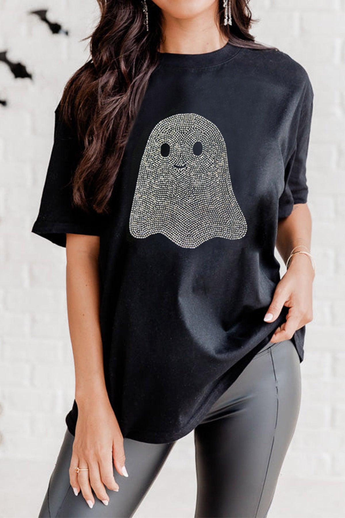Black Rhinestone Ghost Halloween T Shirt