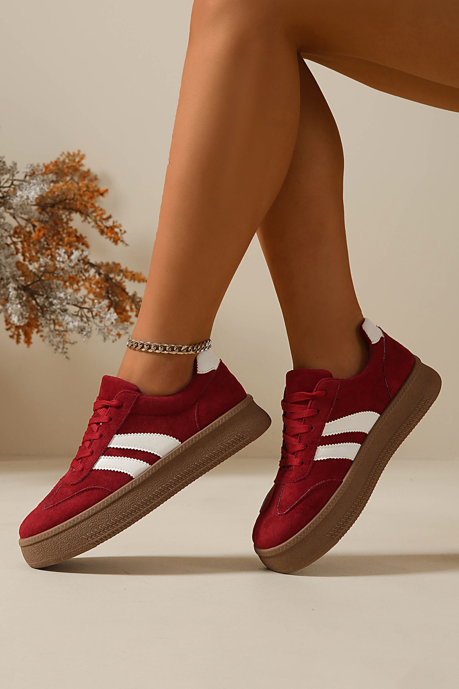 Fiery Red Contrast PU Leather Detail Lace Up Casual Shoes
