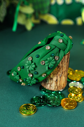 Dark Green Pearl Bead Rhinestone Embellished Lucky Clover Knotted Headband