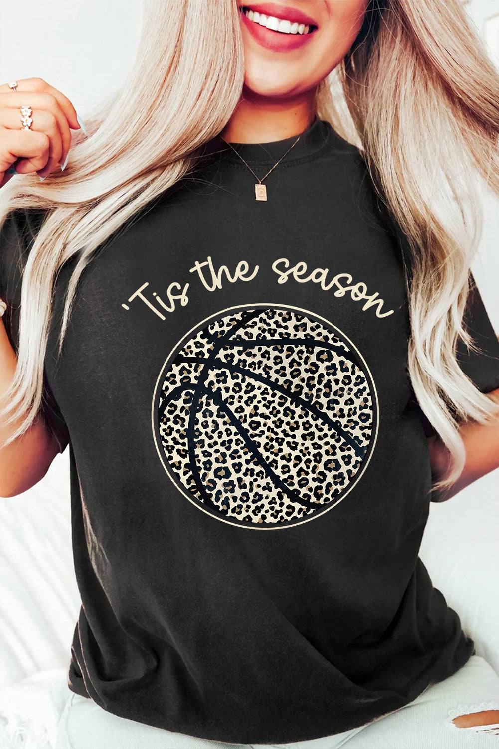 Black Leopard Basketball Printed Crew Neck Tee