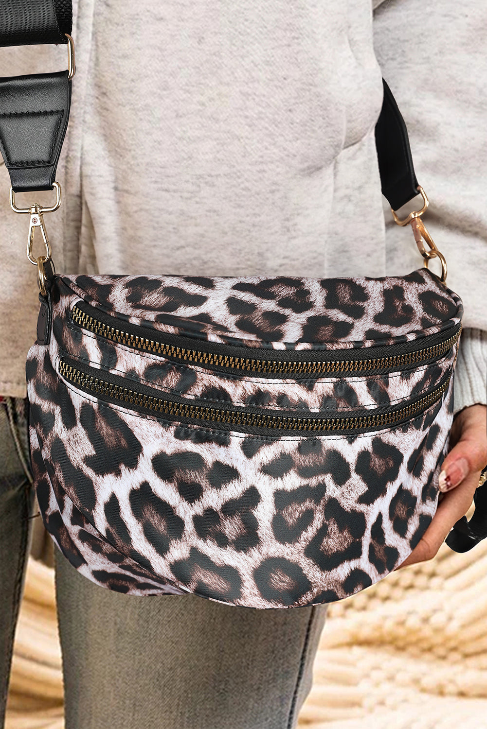 Coffee Leopard Print Double Zip Fashion Crossbody Bag
