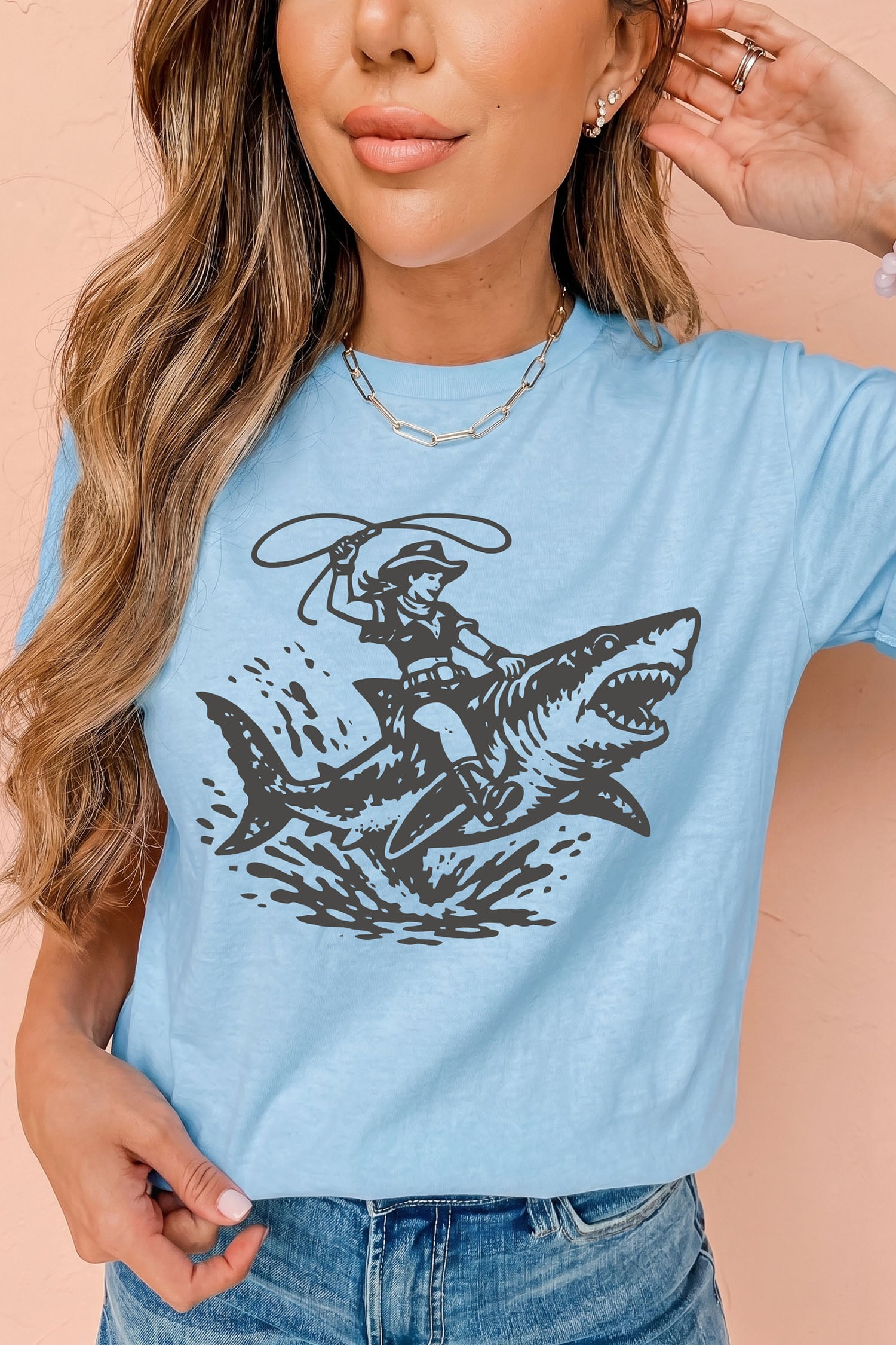 Light Blue Western Print Shark Cowboy T Shirt