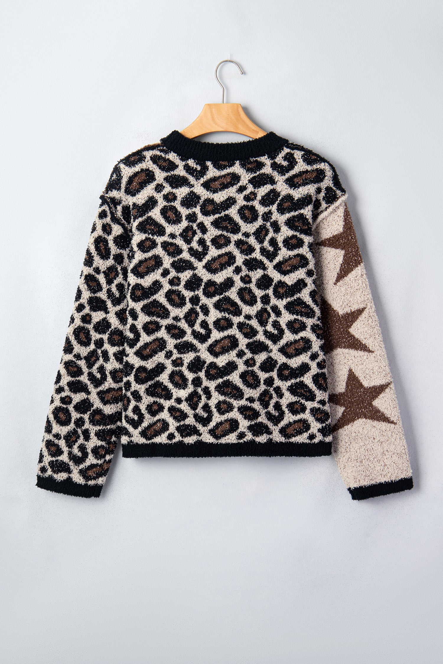 Smoke Gray Leopard Star Pattern Round Neck Long Sleeve Shift Sweater