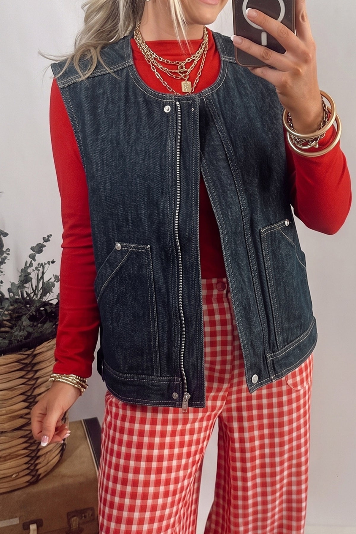 Navy Blue Vintage Denim Zipper Front Cowboy Vest