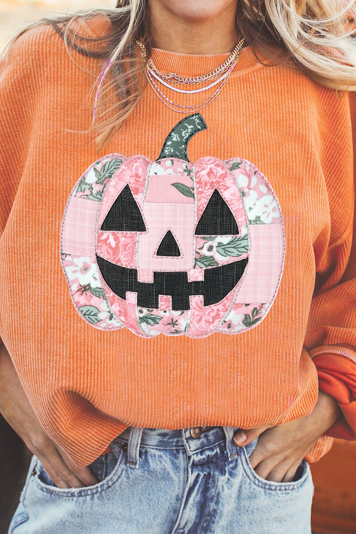 Orange Patchwork Pumpkin Graphic Corded Ribbed Round Neck Tunic Sweatshirt