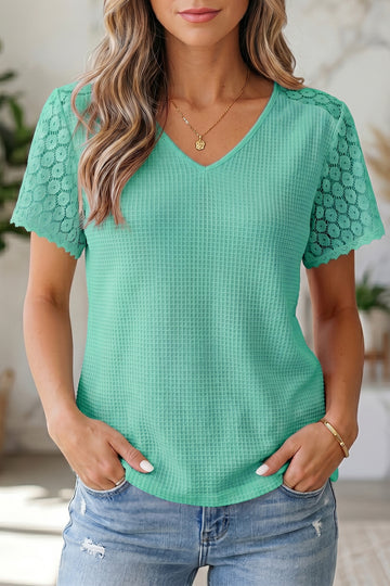 Mint Green Lace Splicing Button Cutout V Neck Waffle Knit Blouse